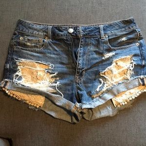 Lace & destroyed denim jean shorts